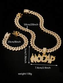 European And American Hip-Hop Flame NO CAP Letter Full Rhinestone Cuban Chain Set, Men's Zirconia Inlaid Necklace And Bracelet 2 Pieces Set, Gold And Silver Dual-Tone Rap Streetwear Accessories, Boyfriend Gift - NO CAP - View 7