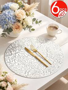 Tkvega • Home 12入金色葉片餐墊，PVC材質3D壓紋圓形奢華風隔熱墊，精美花瓶墊 38cm，可水洗易清潔可擦拭，防滑耐熱，適合房間裝飾、居家餐桌裝飾與家居佈置，適合節日、派對、生日、婚禮及晚餐聚會 - 彩色 - 查看 13