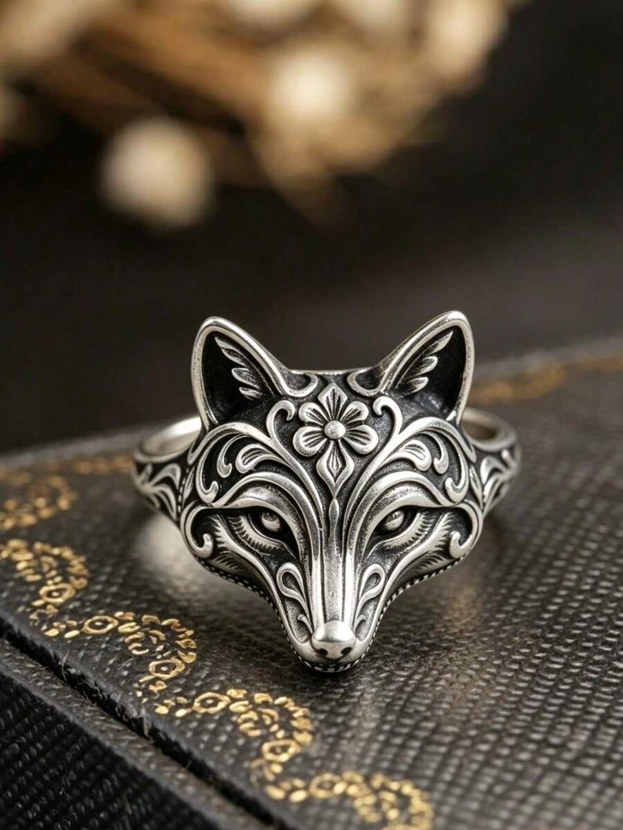 1件復古動物主題戒指,雕刻卷軸動物圖案,中性款,無包裝盒 - 銀色 - 查看 1