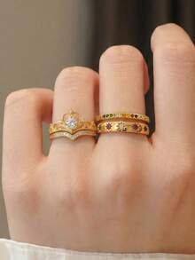 4 piezas de anillos de mujer de estilo de moda con patrón de corona, estrella y luna, de material de cobre multicolor, adecuados como accesorios para atuendos diarios - Multicolor - Ver 4
