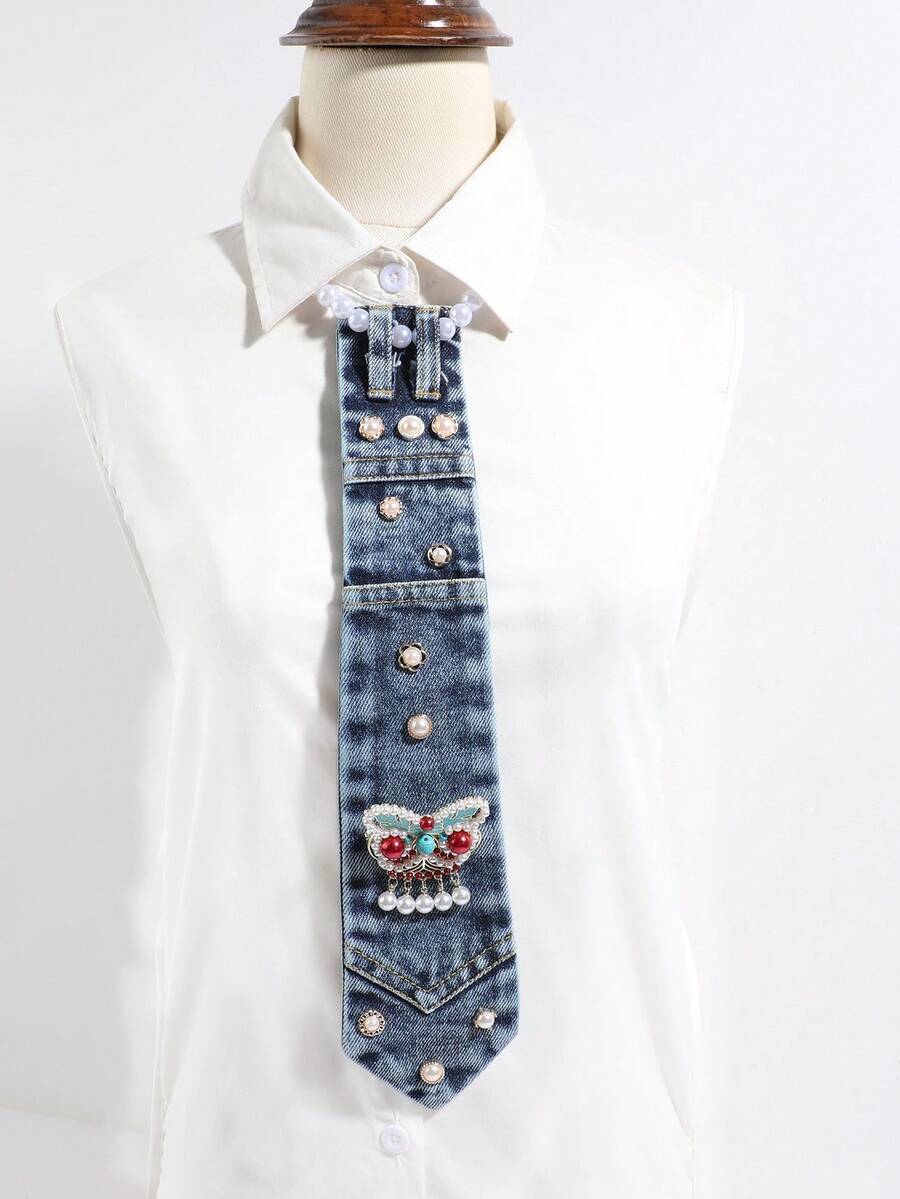 1PC Women's Fashion Elegant Faux Pearl Butterfly Accessory Tie, Suitable For Daily Shopping And Dating - Navy Blue - View 1