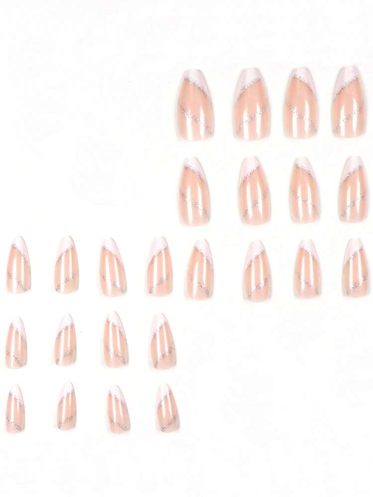 24pcs Long Almond Shaped Fake Nails, French White Design With Silver Glitter Decoration, Set Includes 1 Nail File And 1 Nail Sticker, Removable Fake Nail Set, Suitable For Holidays, Parties, Dates And Daily Wear - White - View 5