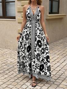 Women's Fashion Elegant French Style Spaghetti Strap V-Neck Tie Back Open Back Ditsy Floral Dress - Black - View 7