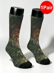 1 Pair Vintage Forest Jungle Tiger & Green Plant Illustration All-Over Print Mid-Calf Socks, Unisex Couple Socks For Travel, Black Reinforced Wear-Resistant Toe, Breathable Skin-Friendly High Elastic, Suitable For Denim Shorts, Cargo Pants, Dress Pants, Loafers, Slippers, Casual Commute Campus Student Socks, Beach Vacation Outfit, Outdoor Outing, Summer Party Gift, Random Print Position - Multicolor - View 11