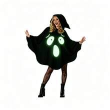 1pc Adult Halloween Black Glow-In-The-Dark Ghost Costume Smiling Ghost Hooded Cape Suitable For Various Festival Role Play Carnival Party Adult Ghost Cape Costume Prop - Black - View 3