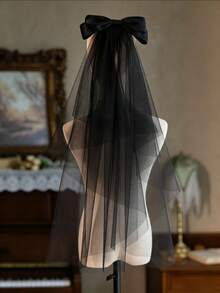 1pc Double Layer Mid-Length Black Bow Bridal Veil (With Hair Comb) Fall Clothes For Women Valentine's Day Accessories - Black - View 2