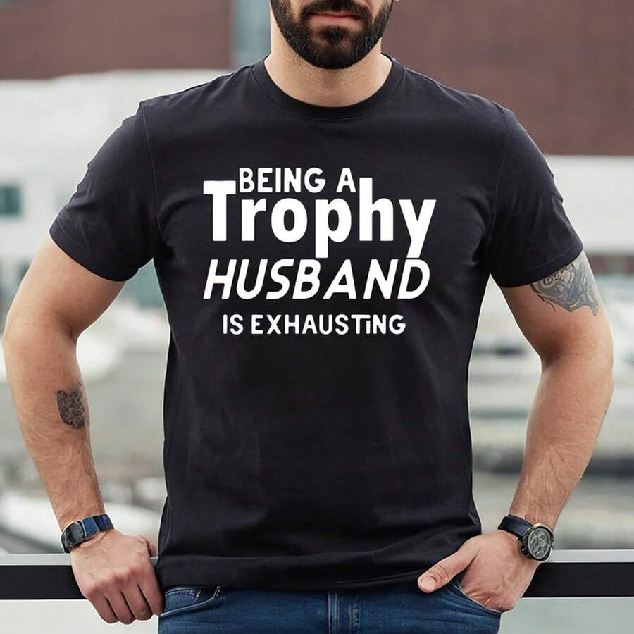 Retro Vintage Lustiges Herren-T-Shirt, "Being A Trophy Husband"-Witz-Text-Druck, Übergroßer Lockerer Rundhals-Pullover für den Alltag im Sommer - Schwarz - Übersicht 1