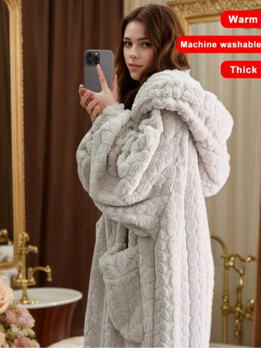 Soft Bubble Fleece Hooded Long Bathrobe, Loose Waist Tie Plush Warm Loungewear, Skin-Friendly Absorbent Women's Bathrobe, Bedroom And Bathroom Casual Homewear, Suitable For Holidays, Halloween, Back To School, Wedding Favors And Housewarming Gifts