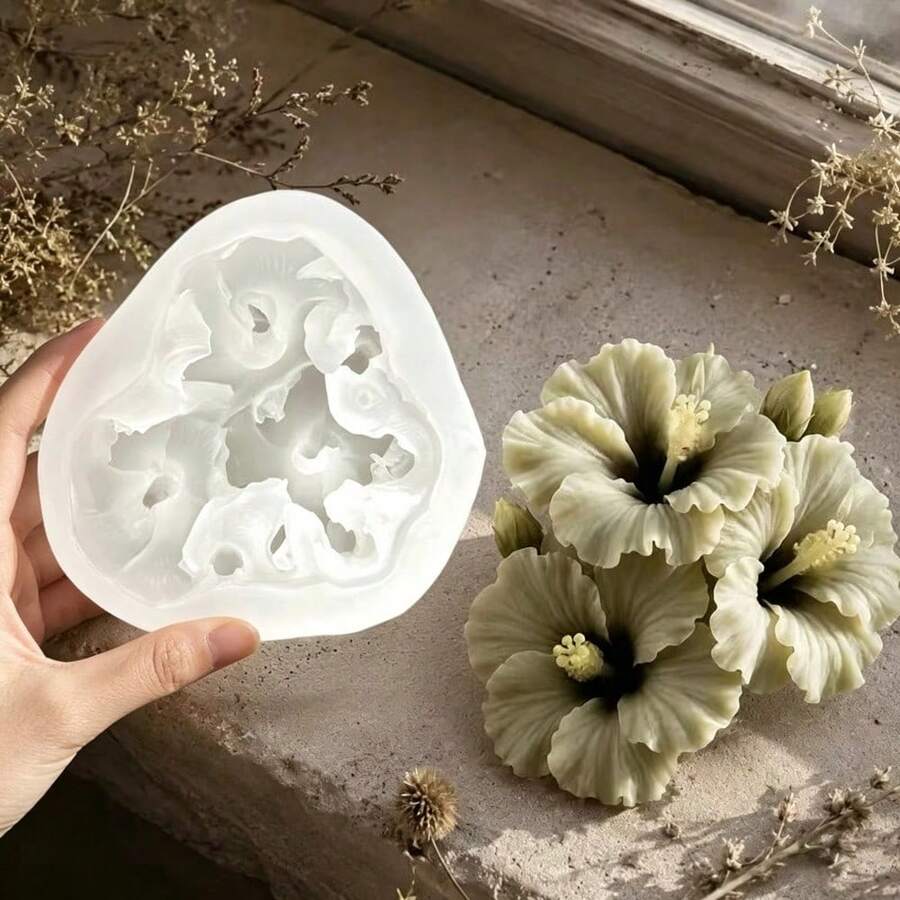 1pc Beautiful Hibiscus Flower Bouquet Shaped Silicone Mold, Suitable For DIY Aromatherapy Candles, Gypsum Ornaments, Epoxy Resin, Cement Crafts, Ideal For Wedding Decor, Home Decor, Holiday Gifts - 3-hole Hibiscus Mold - View 1