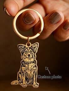 Custom Engraved Pet Photo Keychain, Personalized Dog Portrait Stainless Steel Gold Plated Memorial Key Ring Gift - Pet Keychains - View 1