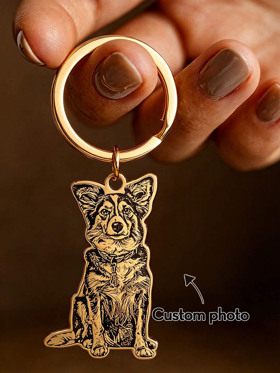 Custom Engraved Pet Photo Keychain, Personalized Dog Portrait Stainless Steel Gold Plated Memorial Key Ring Gift - Pet Keychains - View 1