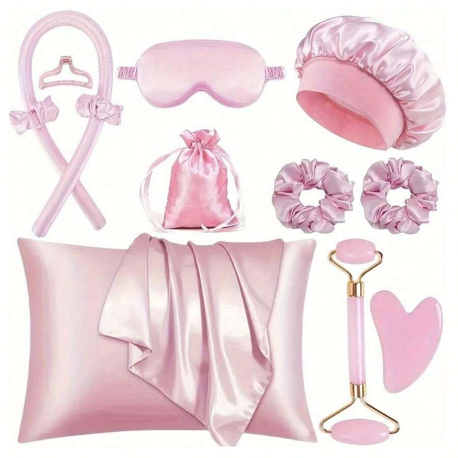 Juego de 12 piezas de herramientas para el cabello para dormir, incluye diadema con varilla rizadora sin calor, masajeador facial, diadema, antifaz suave para dormir, gorro de satén para dormir (para peinar), bolsa de almacenamiento de satén, rodillo facial para mujer, cinta rizadora de seda y satén sin calor, adecuado para rizar durante la noche, incluye gorro de seda para dormir, antifaz, pinzas para el cabello, funda de almohada, lazos para el cabello, juego de masaje facial (rosa), bata de baño, bata, alfombra de baño, dispensador de jabón - A - Ver 1