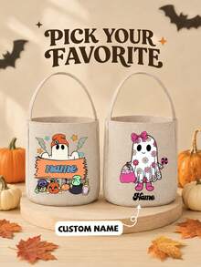 Customized Name Halloween Candy Bag, Cute Ghost Spider Bat Pattern, Portable Candy Storage Bag, Halloween Party Favor, Suitable For Family And Friends - Multicolor - View 1
