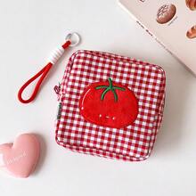 PURDORED CutePlaid迷你正方形刺繡番茄圖案拉鍊收納包，附手提帶，便攜式化妝品口紅衛生棉收納袋零錢包 - 彩色 - 查看 10