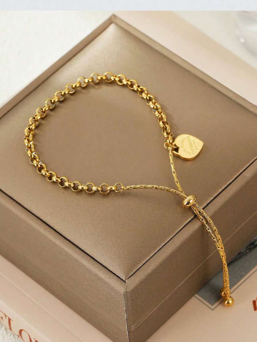 1pc Minimalist Heart Decor Adjustable Stainless Steel Bracelet For Women's Daily Wear - Butterfly - View 1