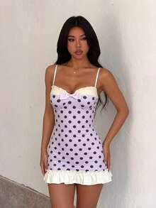 Summer Purple Polka Dot Print Bow Decor Spaghetti Strap Dress Vacation - Purple - View 2