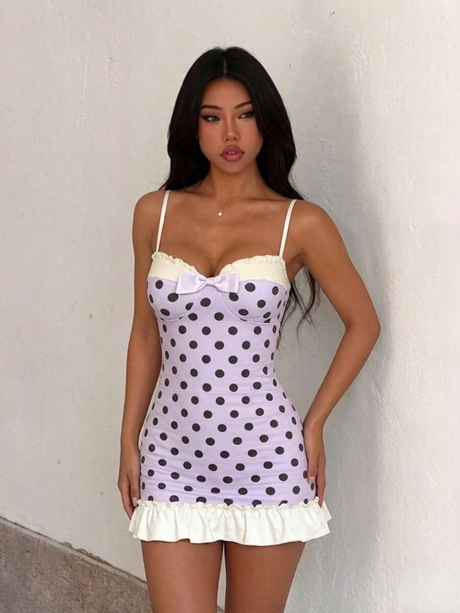 Summer Purple Polka Dot Print Bow Decor Spaghetti Strap Dress Vacation