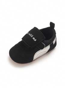 Black & White Colorblock Mesh Infant Sneakers With English Embroidery, Hook & Loop Closure, Breathable Soft Sole Pre-Walker Shoes For Boys & Girls - Black - View 4