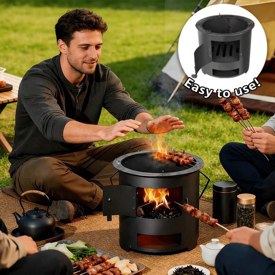 Outdoor Stove, Grill, Leisure Camping Stove, Portable Outdoor Stove, For Tea Brewing, Heating, Barbecue, Cooking, Picnic, Heating, Barbecue And Camping, Christmas, Halloween, Easter, Thanksgiving, No Ignition Function [Non-Food Contact] - Round Furnace - View 1
