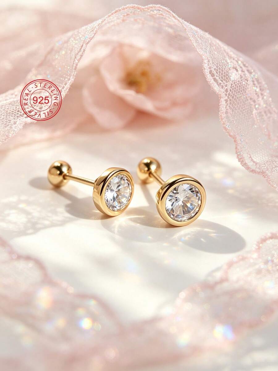 1 Pair 925 Sterling Silver Hypoallergenic Cubic Zirconia Stud Earrings, Cute And Playful Design, Sparkling Cubic Zirconia Inlaid, Spiral Ear Backs Secure Fit, Exquisite And Adorable, Gift Box Included, Suitable For Daily Or Holiday Wear, Gift For Girls, Gift For Girl, Gift For Friends, Gift For Back To School, Holiday Gift - one-size - View 1