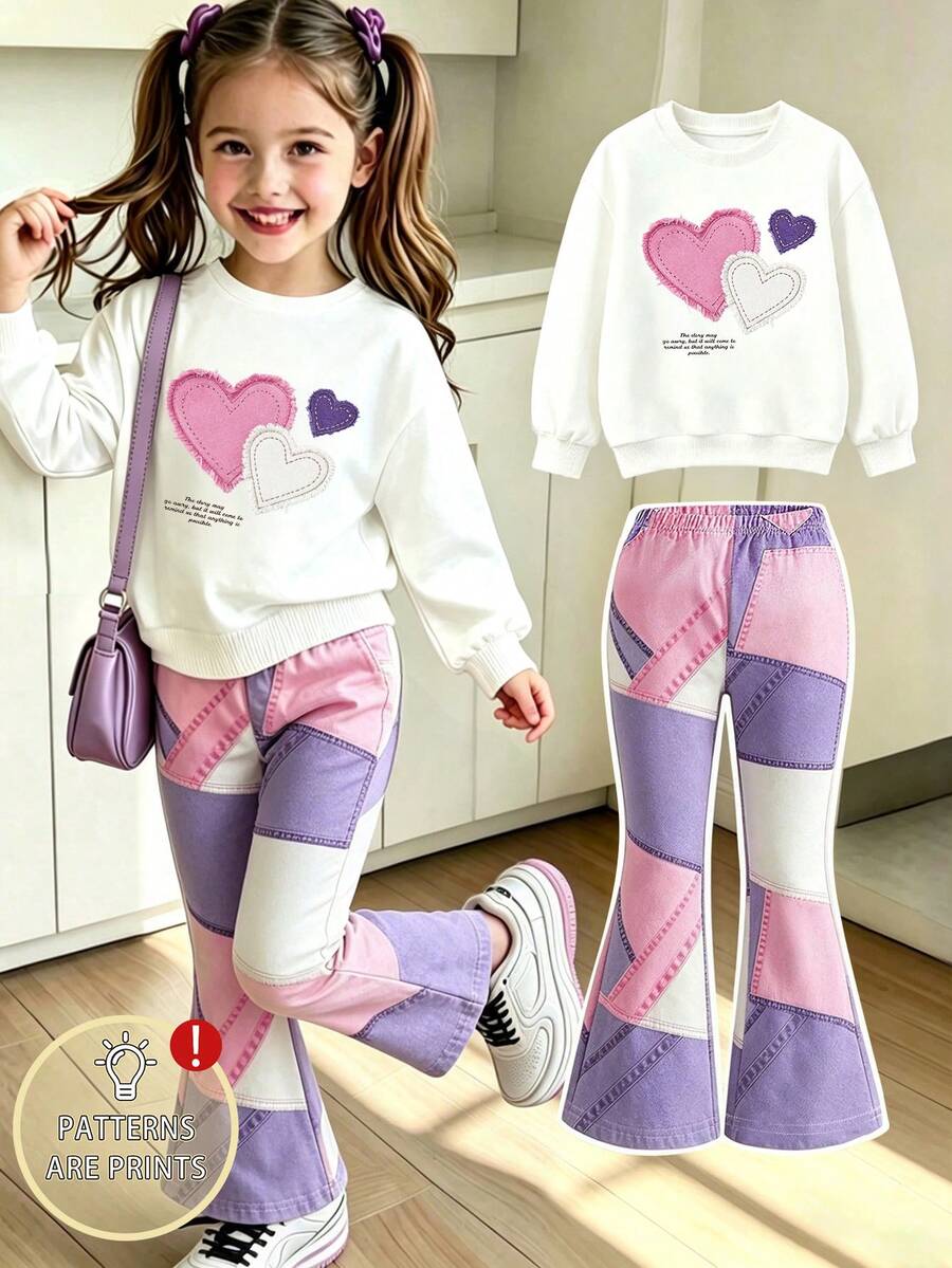 Tween Girl Heart Print Round Neck Long Sleeve Top And Flare Pants - White - View 1