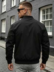 1pc Outdoor Sports Casual Stand Collar Baseball Jacket, Solid Color Zipper Jacket, Regular Fit Black - Black - View 4