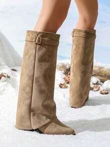 Maillard Suede Tall Boots For Women, Autumn/Winter, Foldable 2-In-1 Design With Belt Buckle, Wedge Heel, Knight Boots, Slimming For Thick Legs, High Shaft - Khaki - View 3