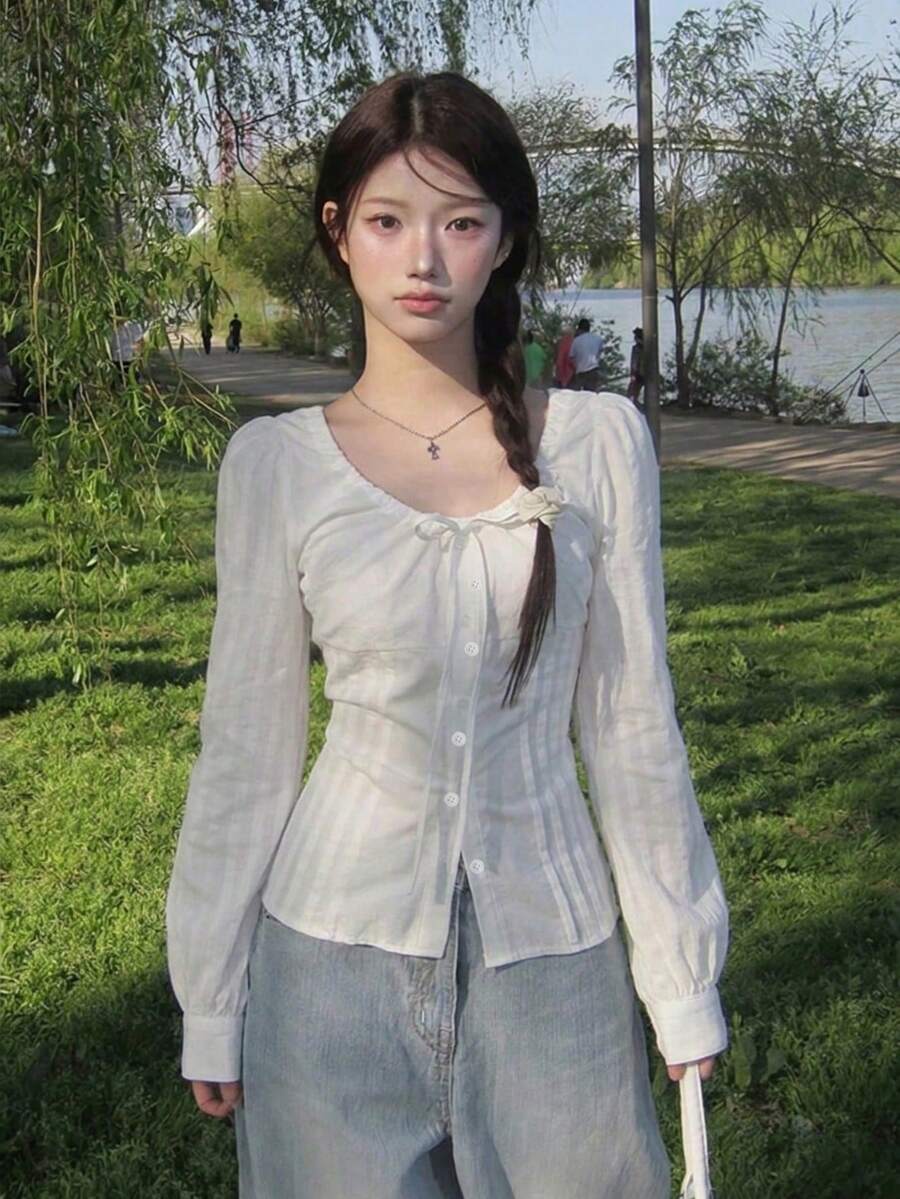 Korean Style Sweet Chic Women's Spring/Autumn French Fitted Tie-Front Single-Breasted Versatile Slimming Design Long Sleeve Cardigan Shirt White - White - View 1