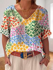 Blus Wanita Ukuran Besar dengan Motif Cetak Seluruh Permukaan, Cocok untuk Liburan Santai Musim Panas - MultiWarna - View 1