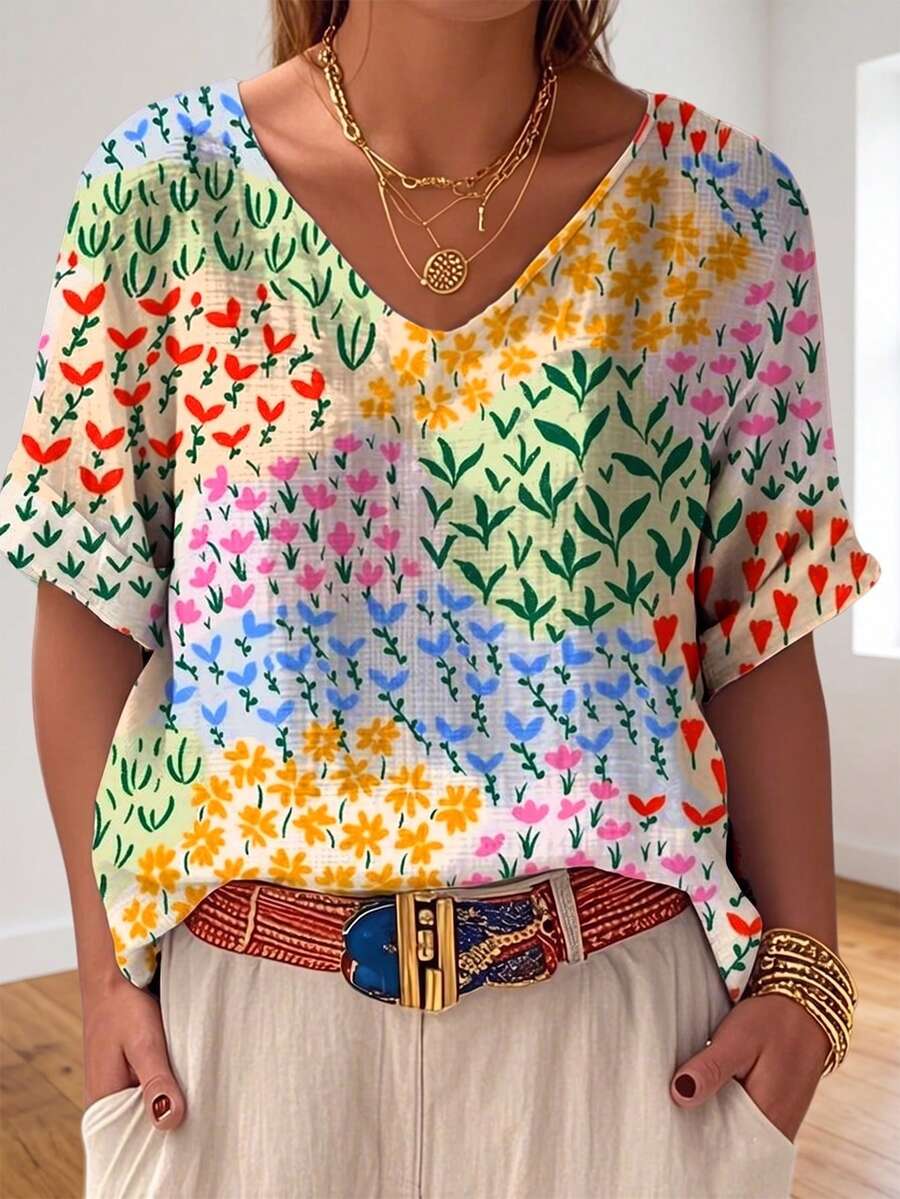 Blus Wanita Ukuran Besar dengan Motif Cetak Seluruh Permukaan, Cocok untuk Liburan Santai Musim Panas - MultiWarna - View 1
