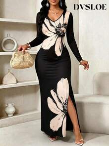 DVSLOE Women's Floral Digital Print Knitted V-Neck Long Sleeve Side Slit Sexy Fitted Maxi Dress - Black - View 2