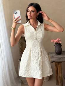 Women's Summer White Collared Half-Button Sleeveless A-Line Dress - Apricot - View 5