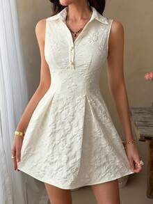Women's Summer White Collared Half-Button Sleeveless A-Line Dress - Apricot - View 4
