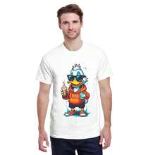Men'S Casual Duck Graphic T-Shirt| White, Crew Neck, Short Sleeve, Lightweight Fabric With Cool Drinking Design, Perfect For Parties And Outings, - 白色 - 查看 3