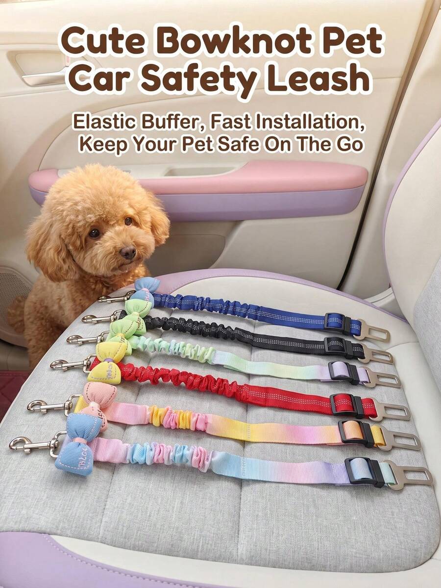 2pcs Elastic Pet Car Safety Belt, Macaron Gradient Color Safety Leash, Decorated With Cute Rabbit And Bowknot, Shock-Absorbing Design, Suitable For Cat And Dog Travel, Pet Safety Leash - Multicolor - View 1