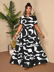 BIUBIU 大码女士抽象印花长连衣裙，短袖，纽扣细节，黑白荷叶边下摆，V领，优雅度假夏季连衣裙 - 黑色 - 查看 3