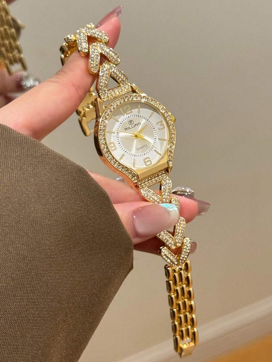 1件 金色/銀色女款手錶,極簡新風格,鑲鑽優雅時尚,休閒百搭石英錶,適合日常裝飾 - 金色 - 查看 1