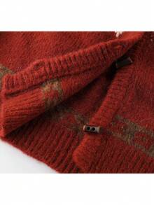 Pretty Red Christmas Fair Isle Contrast Color Hooded Cardigan Button-Up Sweater Jacket For Evening Date, Holiday, Daily Wear, Autumn/Winter - Red - View 6