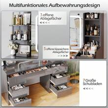 Devoko Modern Dressing Table With LED Mirror, 3 Light Colors And Dimmable Brightness, Vanity Table With 7 Drawers, Open Shelves And Optional Stool, Dressing Cabinet For Bedroom, White/Black/Pink/Vintage - Grey - View 7