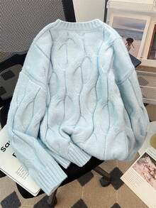 Solid Color Chunky Cable Knit Pullover Sweater Women Autumn/Winter Loose Casual Style Round Neck Soft Flattering Knit Top Minimalist Timeless Soft & Loose - Blue - View 8