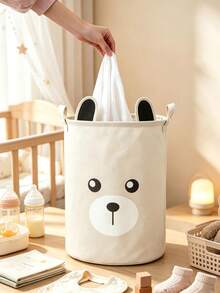 1pc New Ear Bear Cotton Linen Storage Basket For Nursery, Waterproof Foldable Laundry Hamper With Double Handles Stores Kids Clothes Toys And Sundries - Multicolor - View 3