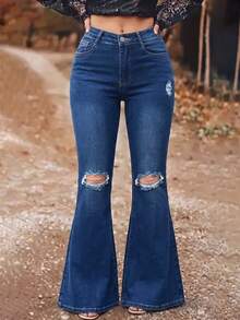 Celana Jeans Flare Wanita - Denim Flare dengan Efek Sobek, Jeans Western Vintage yang Elastis - Dark Wash - View 2