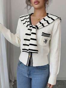 Damen Strick-Cardigan in Creme mit V-Ausschnitt, gestreiftem Matrosenkragen und Patch-Tasche, Langarm-Pullover mit Knopfverschluss, elegantes lässiges Herbst-Y2K-Top - Weiss - Übersicht 6