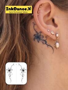 1 Kit "Ear Back Lily" New Technology Tattoo Sticker, Semi-Permanent, Flowers, Fine-Line, Floral, Minimalist, Vine, Temporary Tattoo, Fake Tattoo, Waterproof & Long-Lasting Realistic Design, Plant-Based Formula, InkDance, Ink Dance, Gift X089 - Black - View 2