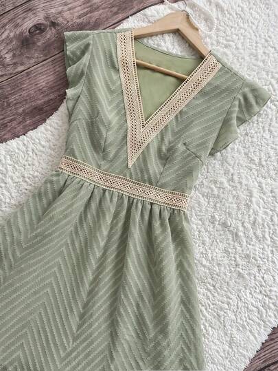 V-Neck Ruffle A-Line Mini Dress, Green Summer Vacation Dress, Ruffle Sleeves, Lightweight Chiffon, Casual Vacation/Daily