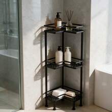 1PC Bathroom Corner Storage Rack, Wall Corner Three-Tier Triangle Shower Shelf With Soap Holder And 2 Hooks, Large Capacity Corner Rack Suitable For Bathroom, Lounge - Black - View 5
