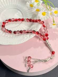 1pc 33-Bead Artificial Crystal Muslim Prayer Beads, Vintage Carved Silver Tube Chain Tassel Tasbih, Luxury High-End Islamic Prayer And Recitation Beads - Multicolor - View 8