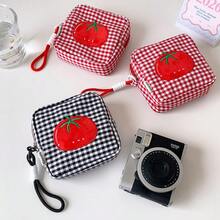 PURDORED CutePlaid迷你正方形刺繡番茄圖案拉鍊收納包，附手提帶，便攜式化妝品口紅衛生棉收納袋零錢包 - 彩色 - 查看 1