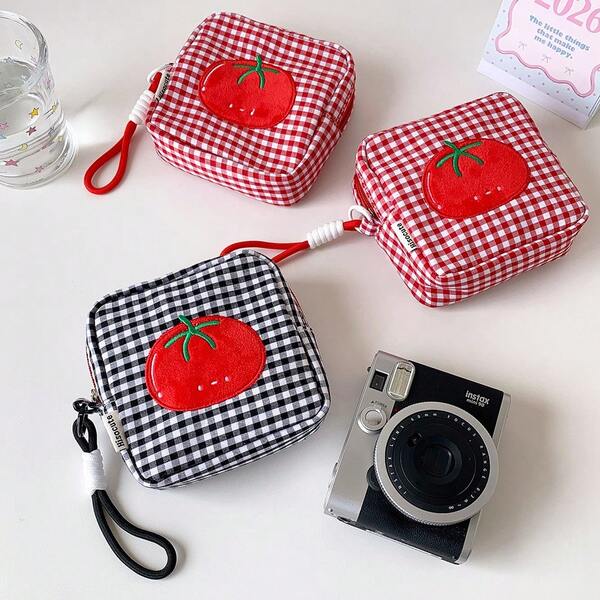 PURDORED CutePlaid Mini Square Pouch Embroidery Tomato Pattern Zipper Storage Bag With Hand Strap, Portable Cosmetic Lipstick Sanitary Napkin Organizer Coin Purse