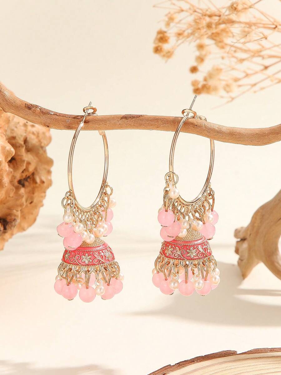 1 Pair Hoop Earrings Elegant Cute Fashion Gold Earrings With Faux Pearl And Jade Beads Tassel Oil Drop Exquisite Carved Pendant, Suitable For Women, Girls Daily, Holiday, Wedding And Party Wear/Jewelry Gift - Classic - View 1